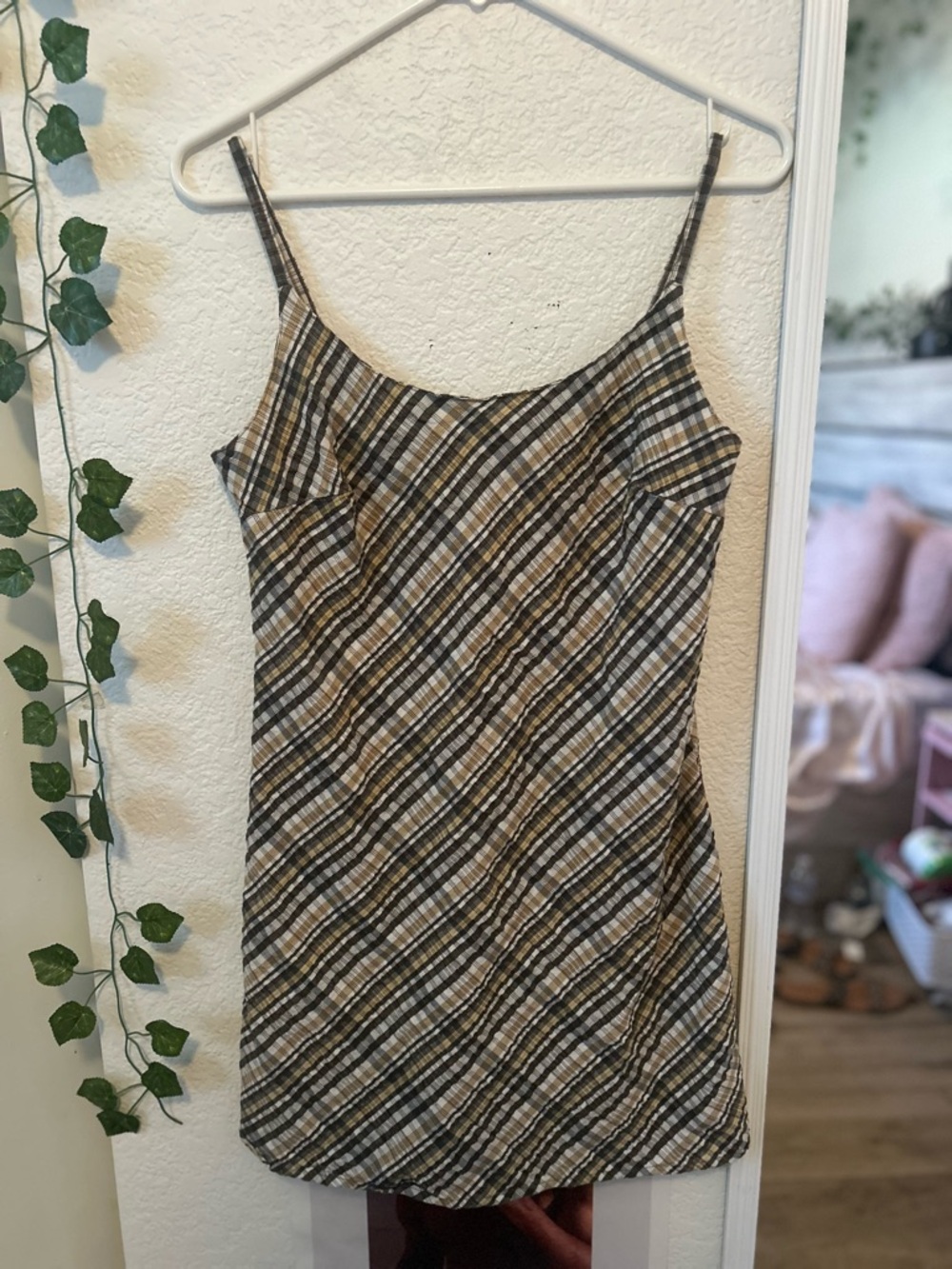 Vintage Striped/Plaid Spaghetti Strap Summer Dress in Brown & Cream